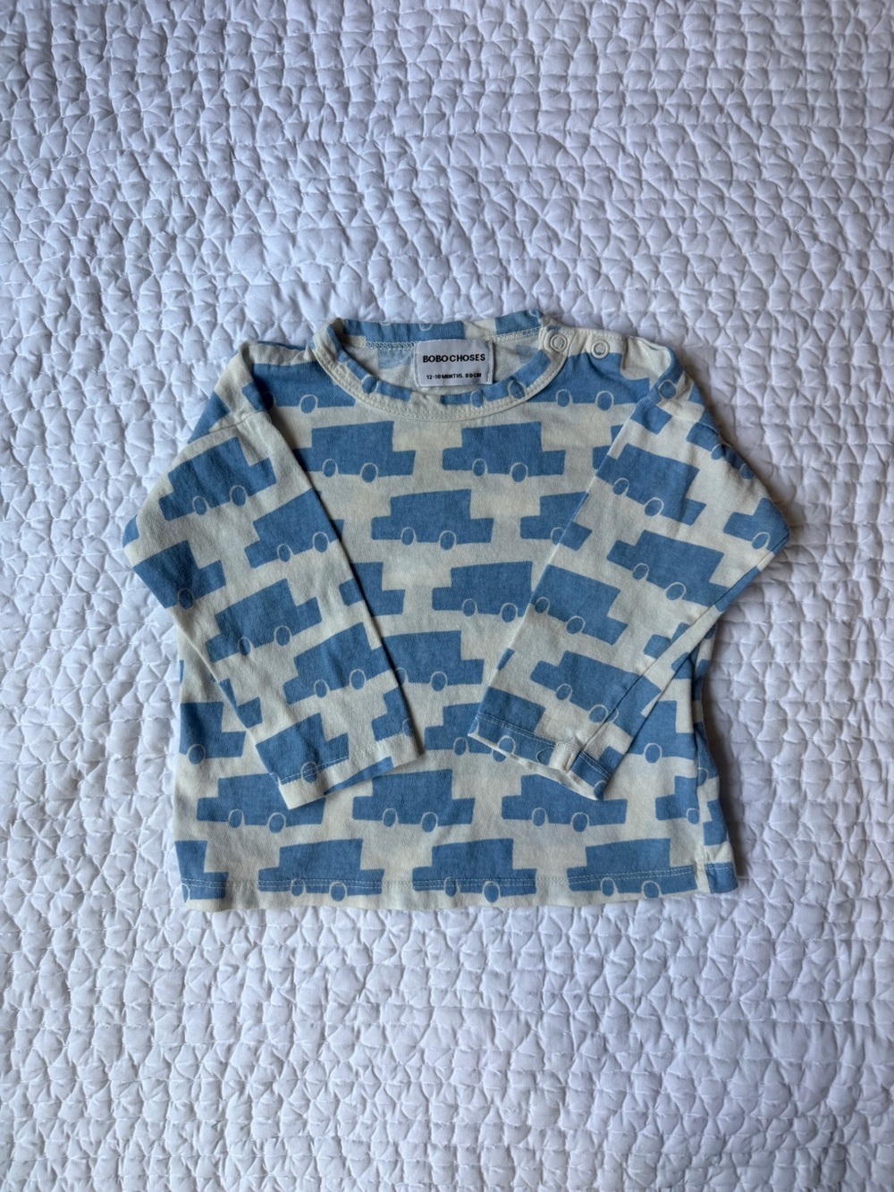Bobo Choses Cream & Blue Truck Pattern Long Sleeve Tee
